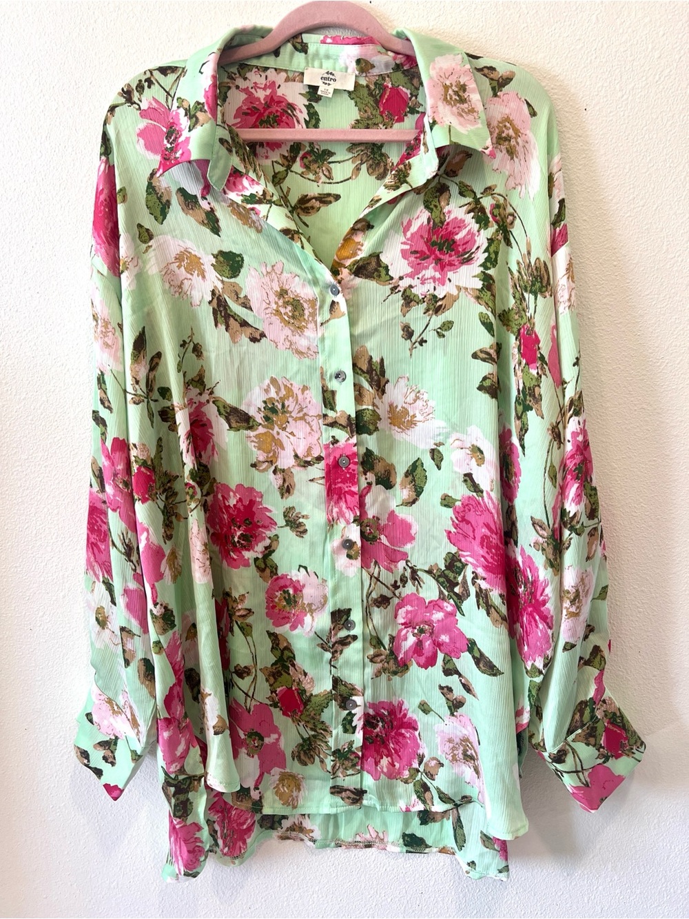 Wntro Mint Green Floral Button-Down Blouse with Pink Blooms Size 1X